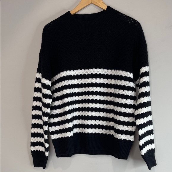 Suzy Shier Striped Textured Knit Sweater Black Ivory Loose Fit Crewneck L - Picture 2 of 12